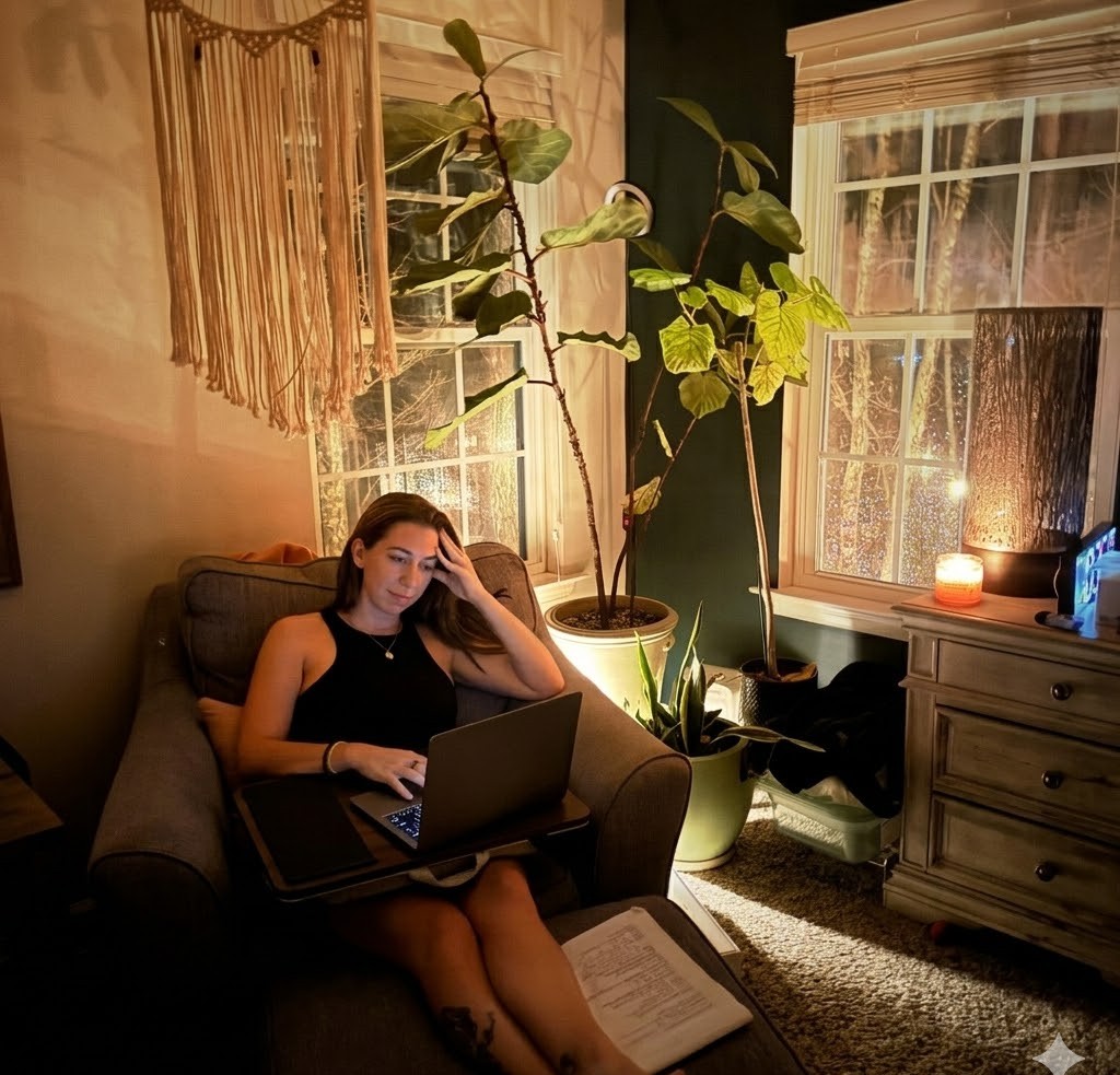 Andrea working late at night